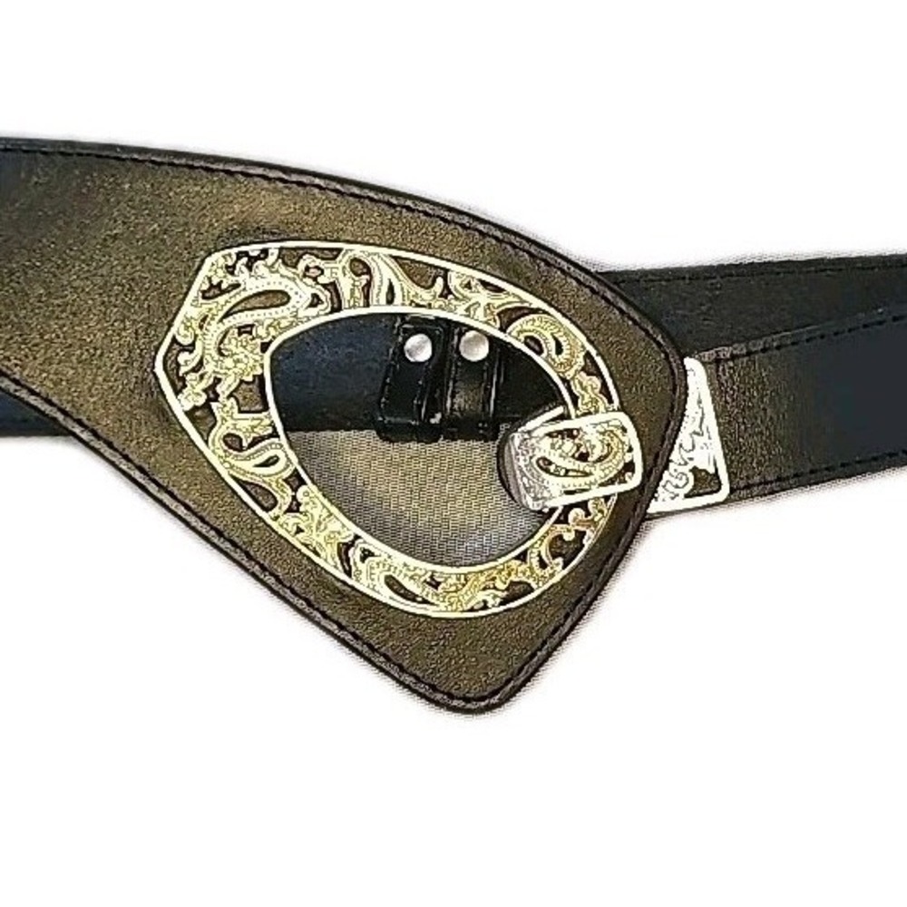 Coldwater Creek Black Leather Belt Small Large Ornate Silver Oval Buckle W Hook